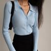 2025 Damen Revers Slim Tops Damen Knöpfe Sexy V-Ausschnitt Langarm POLO Kragen Strick Cardigan Pullover