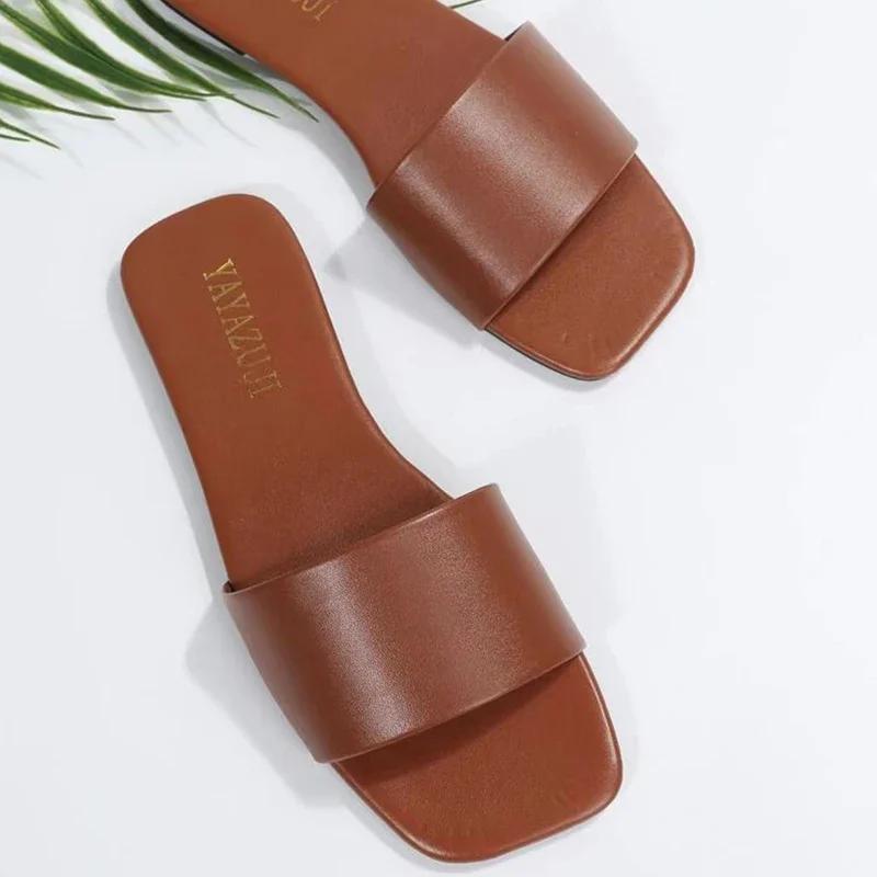 Minimalist Single Band Slide Sandals Solid Color Women Slippers 2025 Summer New Outdoor Sandy Beach Open Toe Flat Shoes