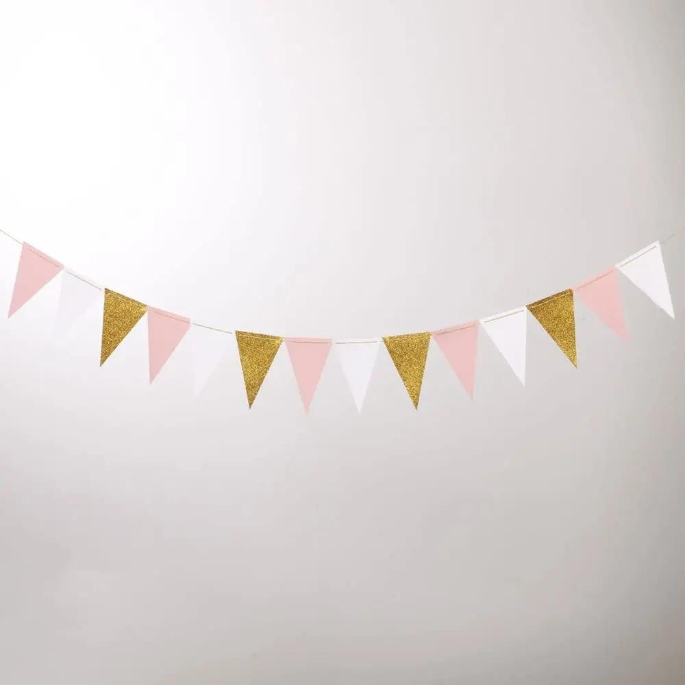 10 Fuß Rosa Weißgold Papier Dreieck Girlande Flagge Wimpelkette Wimpel Banner für Hochzeit Brautparty Geburtstagsfeier Heimdekoration