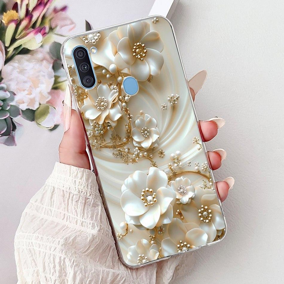 For Samsung Galaxy A11 M11 Phone Case Samsung A11 M11 A115F M115F Elegant Floral Cat Painted Soft Silicone Transparent TPU Cases