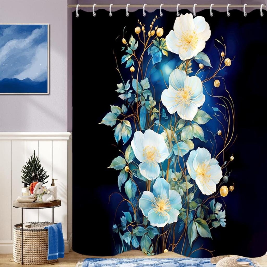 Flowers Shower Curtain for Bathroom White Teal Blue Floral Leaves Shower Curtain Set with Hooks Abstract Black Bathtub Decor Waterproof Fabric