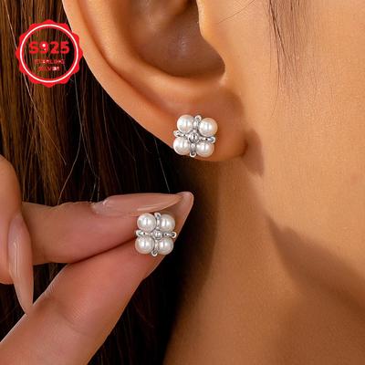 S925 Sterling Silver Pearl Stud Earrings with Modern Design