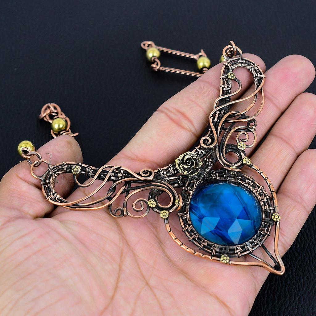 Blue Topaz Necklace, 999 Copper Wire Wrapped Jewelry, Gemstone Necklace Whit Adjustable Chain Gift For Her, Handmade Dainty Jewelry