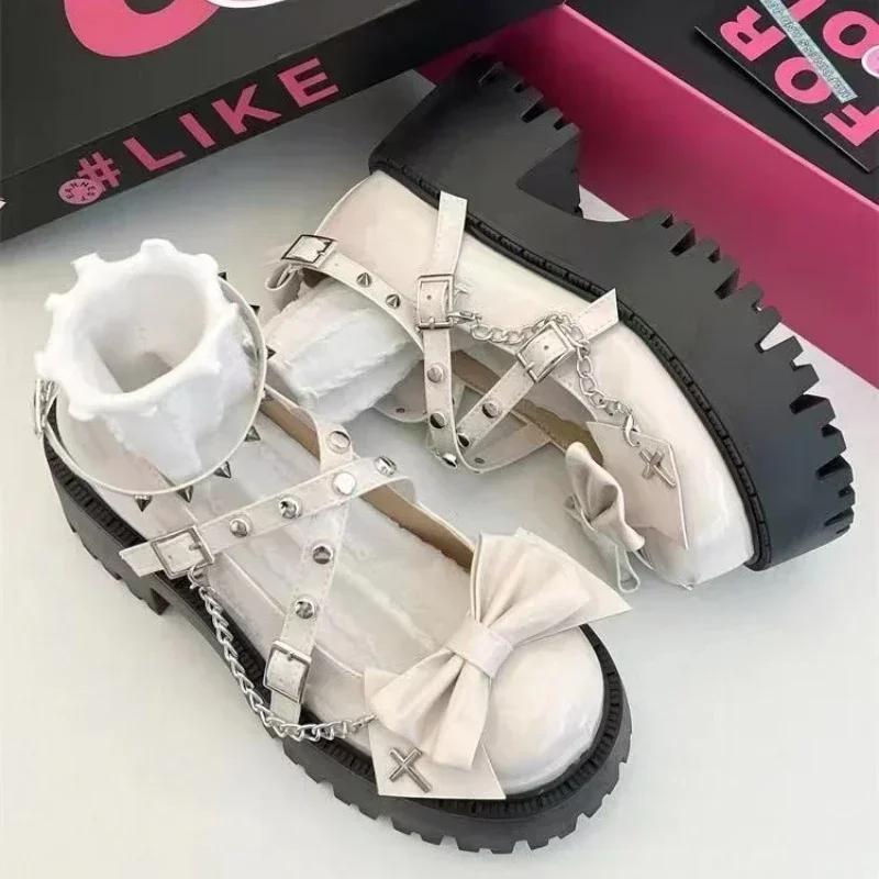 Modische Schuhe für Damen 2024 Knöchelriemen Damen High Heels Plateaupumps Schleife Nieten Kette Quadratischer Absatz Schnallenriemen Damenschuhe