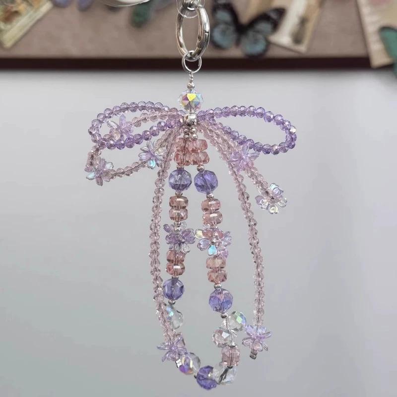 Korean Crystal Bow Irregular Bead Key Chains for Women Purple Tassel Simple Shiny Metal Buckle Bag Mobile Pendant Accessories