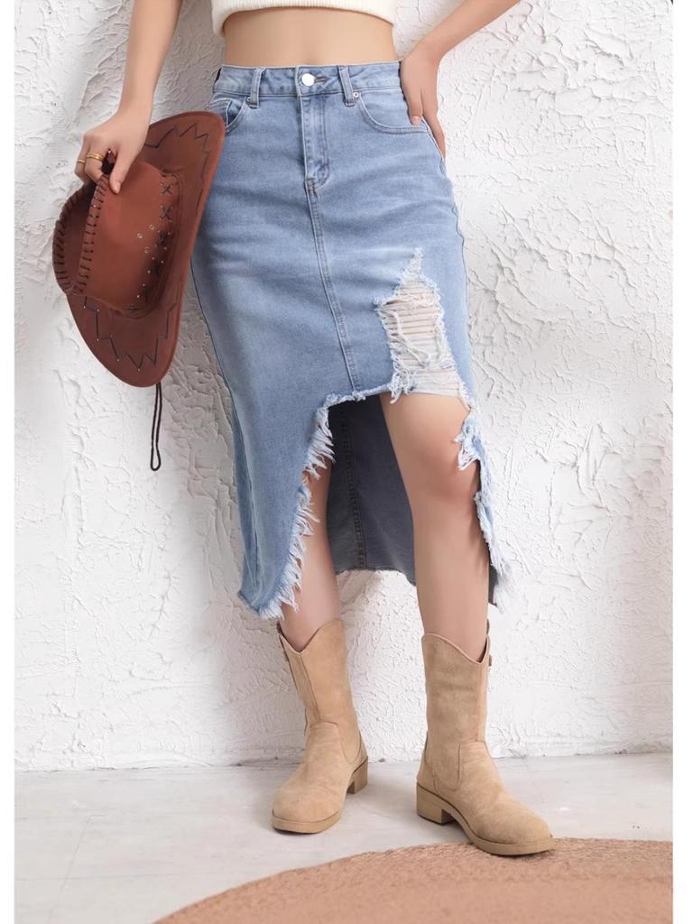 Women's Cross-Border Distressed Denim Skirt - American Retro Style