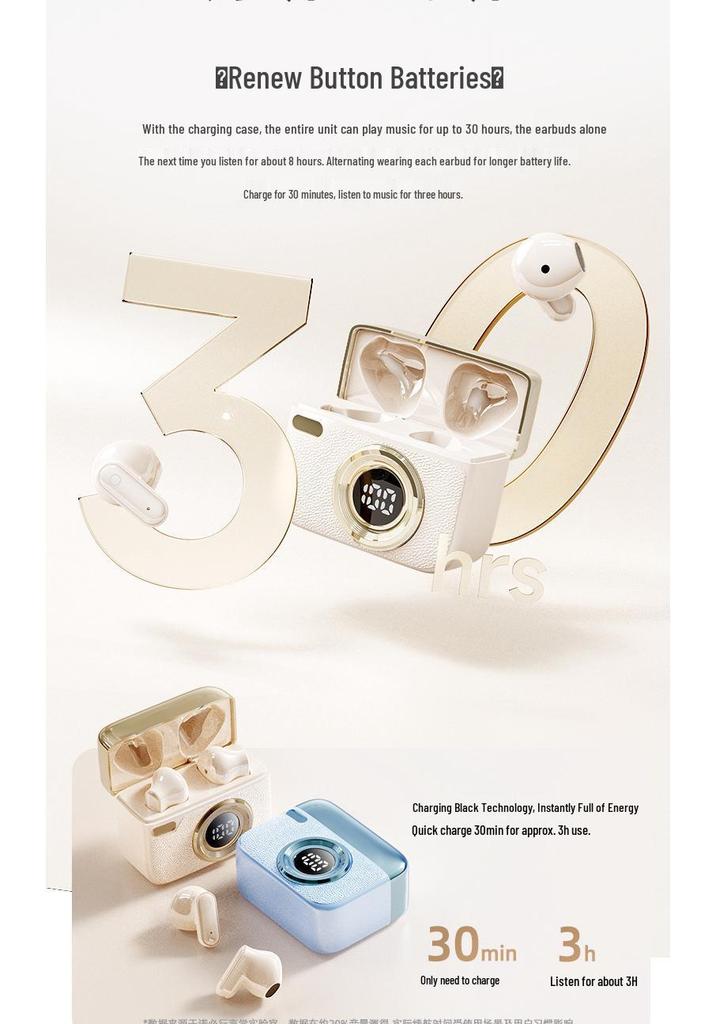 Retro Camera Bluetooth Headset: Short-Handle, In-Ear Design, Noise Reduction, Ultra-Long Battery Life, High-Quality Sound (T24)