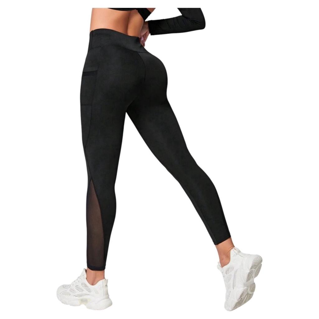 High-Waist Sport Leggings with Mesh Side Pocket for Phone, Black