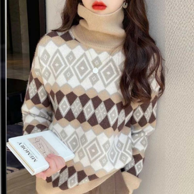 

Свитер с высоким воротником, женский пуловер, осень-зима 2022, винтажный свободный свободный свитер с длинным рукавом в стиле вестерн, повседневный вязаный женский свитер One Size хаки