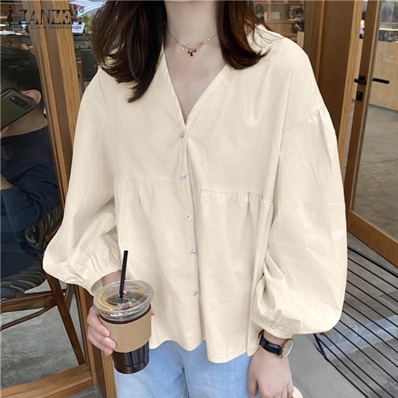 

ZANZEA женская летняя плиссированная однотонная свободная короткая рубашка трапециевидной формы с длинными рукавами и v-образным вырезом