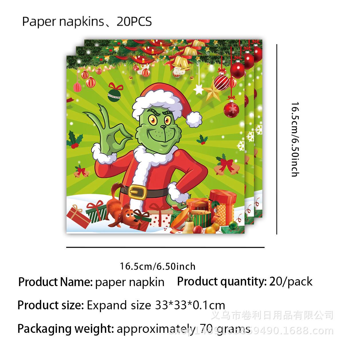 

Christmas Grinch Party Decorative Tableware Flag Tablecloth Set Supplies Arrangement Paper Plate Tableware Disposable paper towel 20pcs [food grade wood pulp]