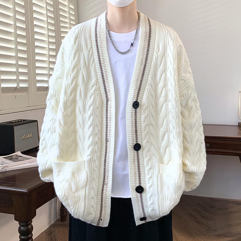 Мужской кардиган крупной вязки в стиле колледжа для осени и зимы M approx 95-115 lbs кремовый 3759₽