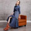 Johnature Women Denim Dresses Autumn Button Turn-down Collar Female Vintage Dress