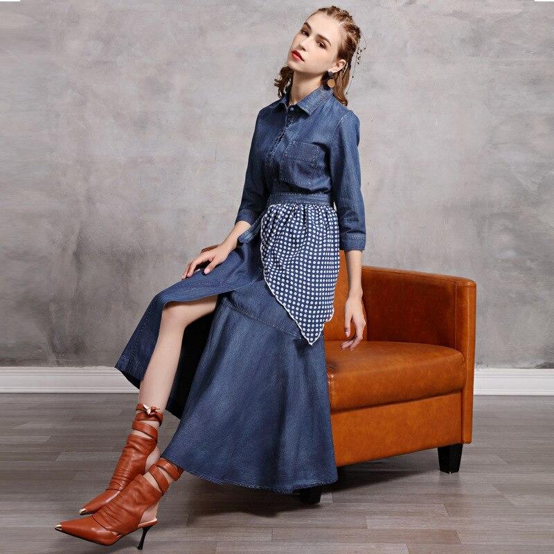 Johnature Women Denim Dresses Autumn Button Turn-down Collar Female Vintage Dress