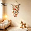 Handmade Crochet Flower Bohemian Hanging Tapestry, Tassels Decor Farmhouse Wall with Wooden Stick, Living Room Bedroom Art Decoration Cotton