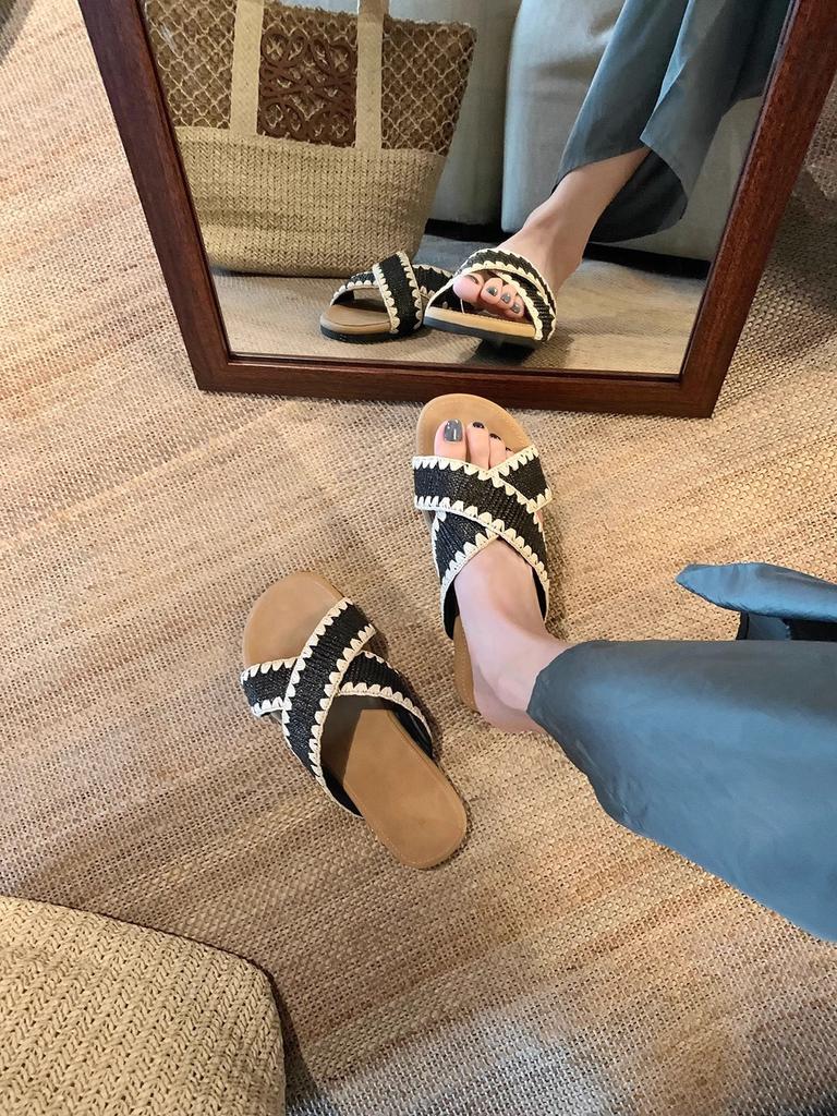 Sheepskin version lazy wind contrasting colors versatile woven cross word with versatile sandals women's summer wear