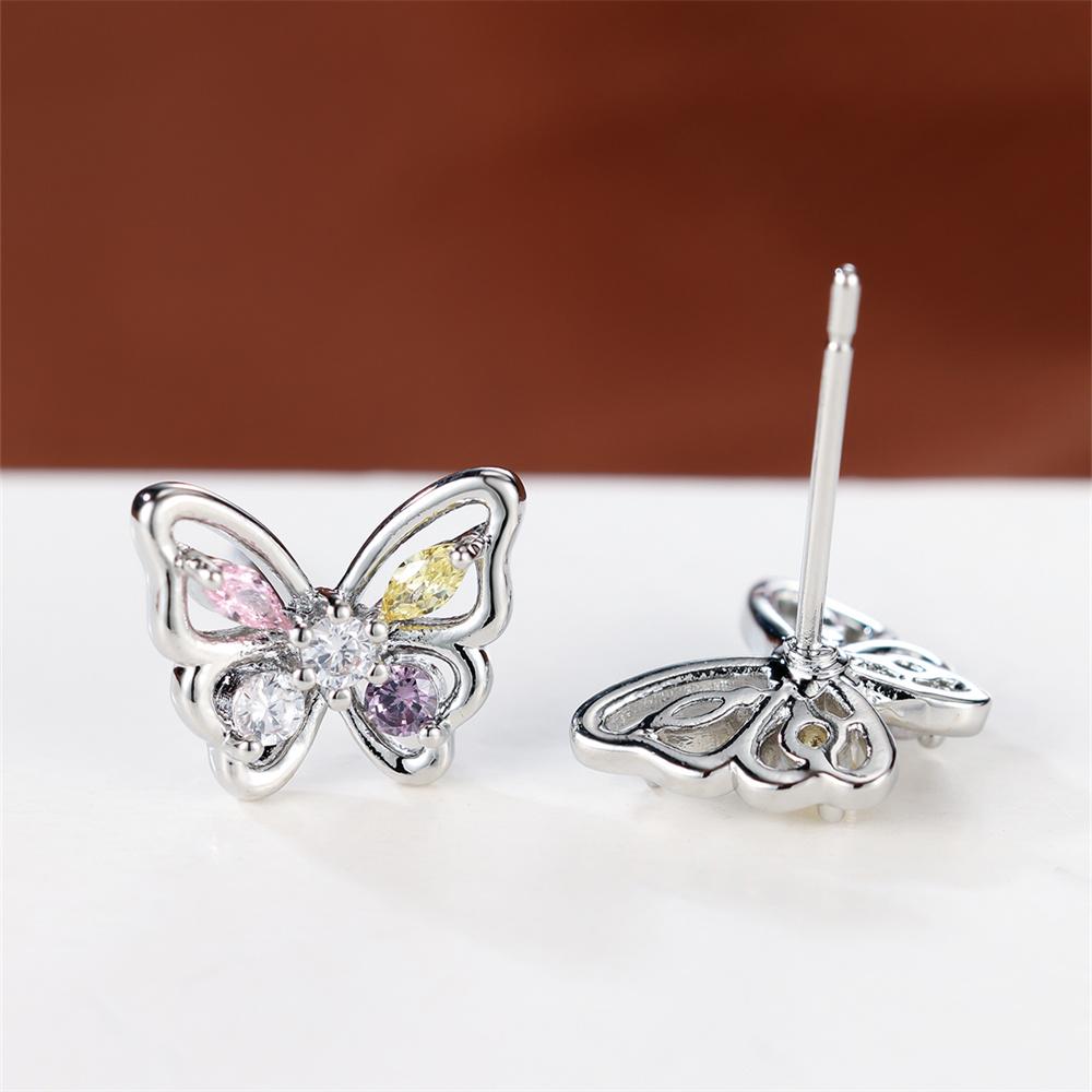 Cute Small Butterfly Multicolor Tiny Zircon Stud Earrings For Women Vintage Silver Color Wedding Earring Valentine Jewelry Gifts