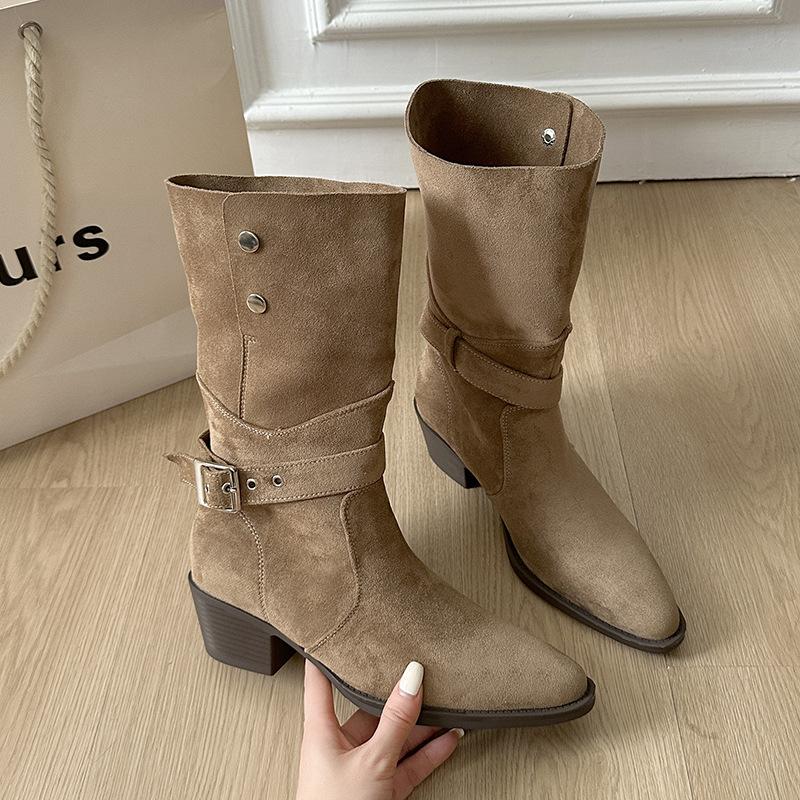 

Two-wearing boots female 2025 autumn new high-end thick heel square head thin boots British style belt buckle knight boots 40 хаки