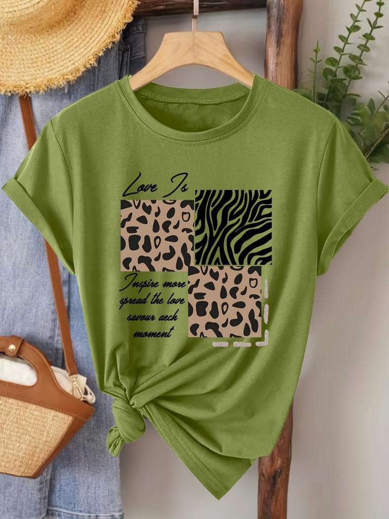 Vintage Letter Leopard Graphics Print Casual Summer Women's Short Sleeve T-Shirt Round Neck Y2k Tops Versatile Female Clothing