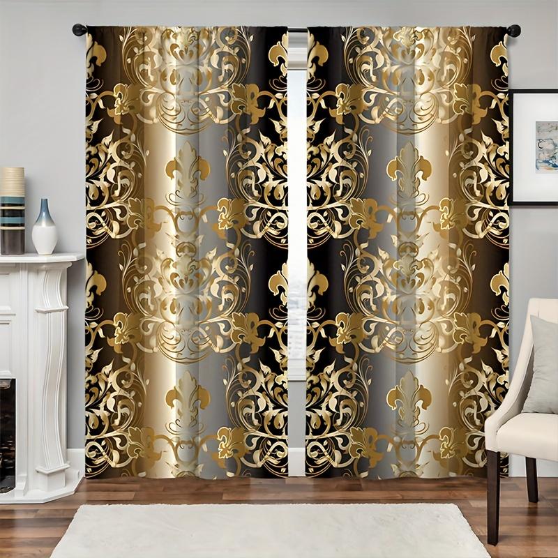 

2pcs Golden Flower Crystal Curtain Study Room Kitchen Living Room Dorm Rod Pocket Window Drapes Bedroom Accessories Home Decor 100W130H(CM)40x51in&Grommet Top