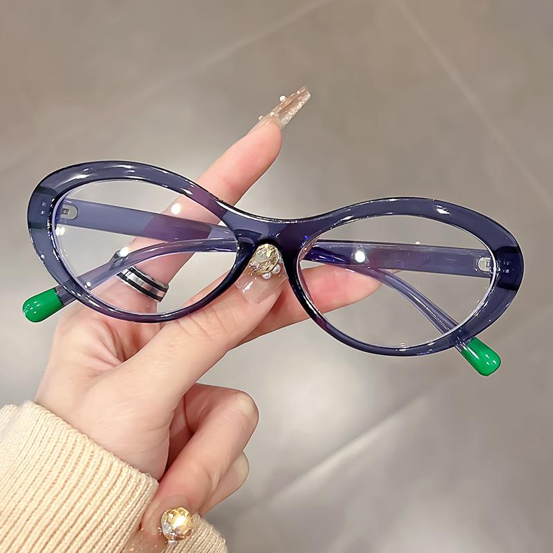 Minimalist Oval Cat Eye Fashion Glasses for Women - Semi Rimless PC Frame with Metal Hinges, Decorative TAC Lenses