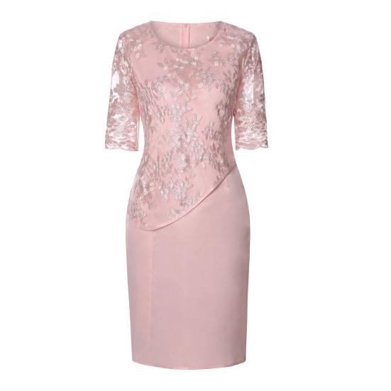 

O-Neck Half Sleeve Waist Tight Hip Wrap Fake Two Piece Midi Dress Embroidery L