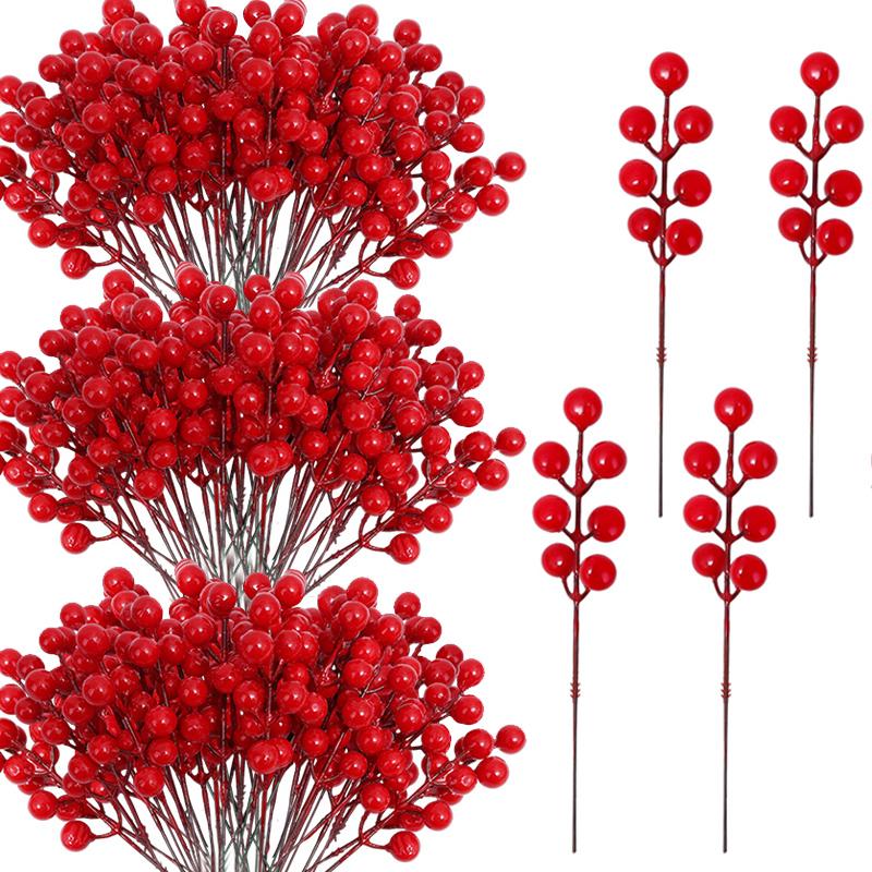 

10/100Pcs Artificial Red Berry Stems Multiple Heads Holly Berries Stems DIY Ornaments Winter Holiday Fake Fruit Cherry Branch 10PCS