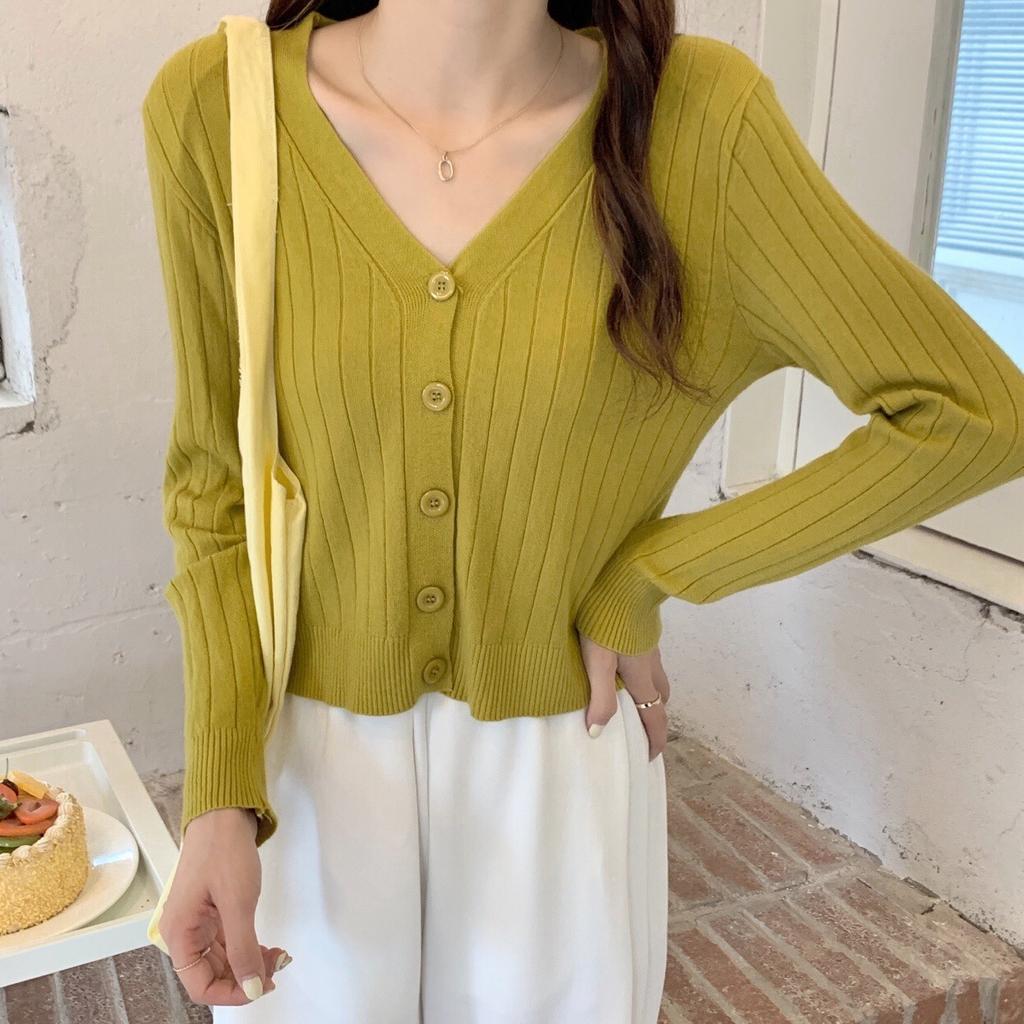 Autumn Winter V Neck Cropped Long Sleeve Knit Cardigan Women Solid Outerwear Coat