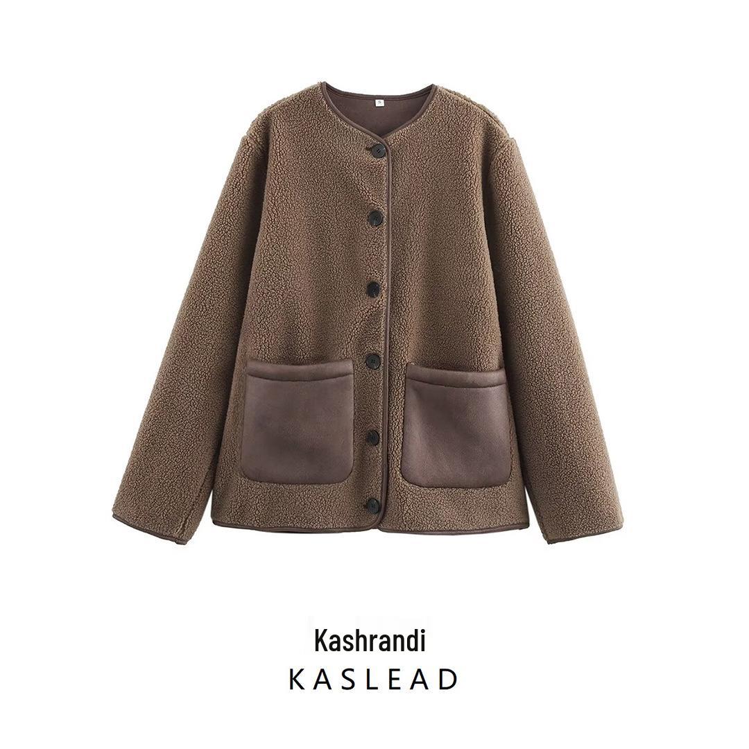 

2025 Spring Women s European & American Style Fleece Crew Neck Long Sleeve Jacket 3362241 Small коричневий