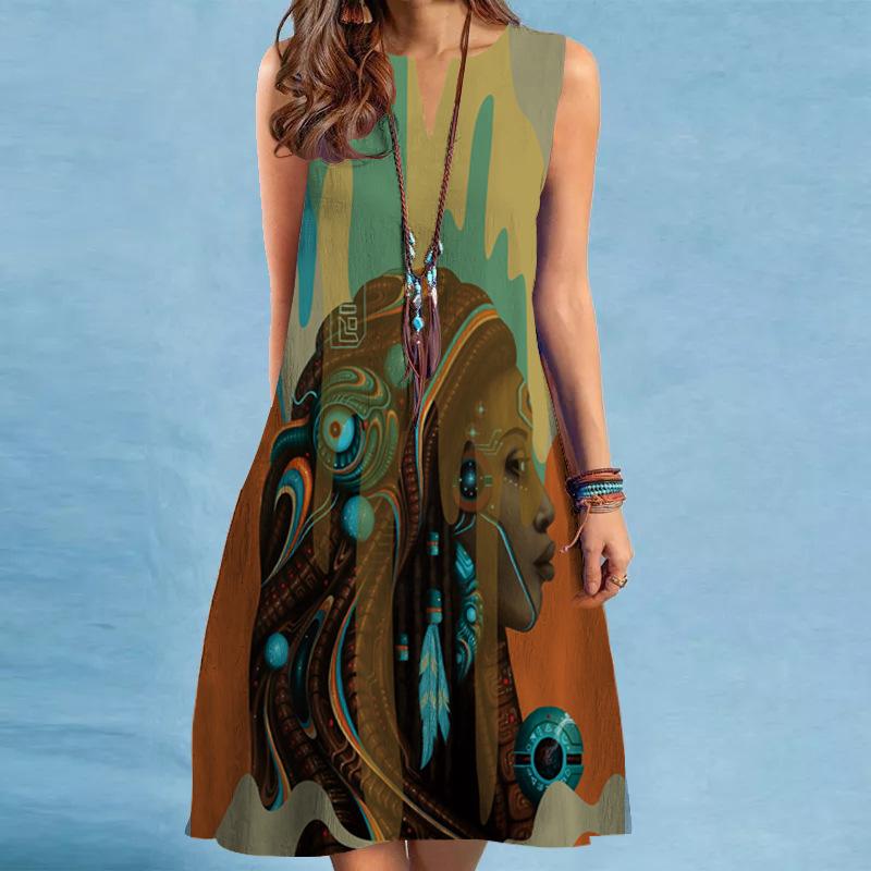 Spring and Summer Printed V-neck Loose Casual Sleeveless Dress Female Beach Vacation Casual Dresses