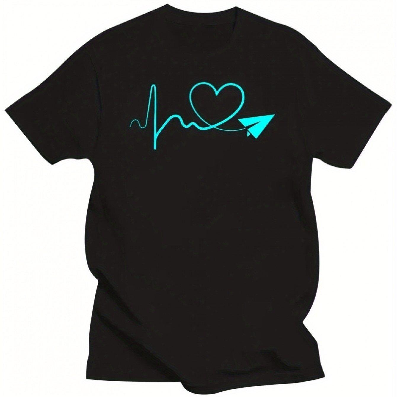 Heartbeat Paper Airplane Graphic Tee Men Casual Cotton Short Sleeve Daily Round Neck T Shirt S