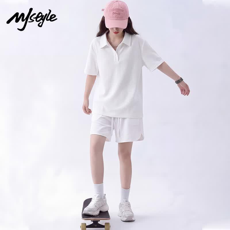 Women's Summer Solid Color Polo T-shirt & Quick-Dry Shorts Set