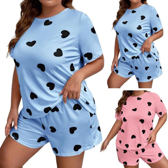 2 Pcs/Set Women Summer Pajamas Cartoon Heart Print Round Neck Short Sleeve T-shirt Elastic Waist Shorts