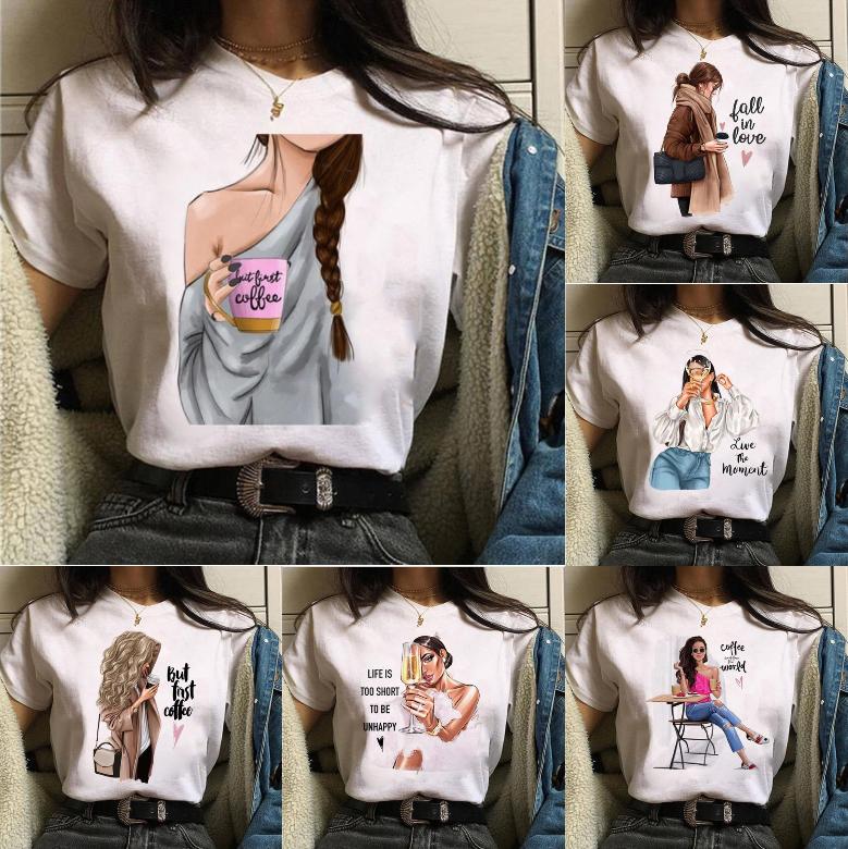 Fashionable Womens Coffee Printed White Tshirt Casual Short Sleeved Suitable for Daily Casual Versatile Home Clothes Top