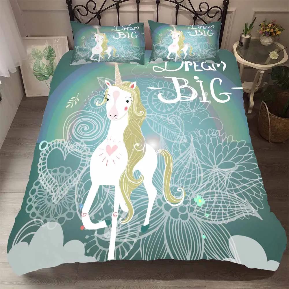 Cartoon Pink Bedding Sets 2/3 Pcs Duvet Cover Set Pillowcases Starry Sky Rainbow Unicorns Bedding Set For Girl EU Twin Single