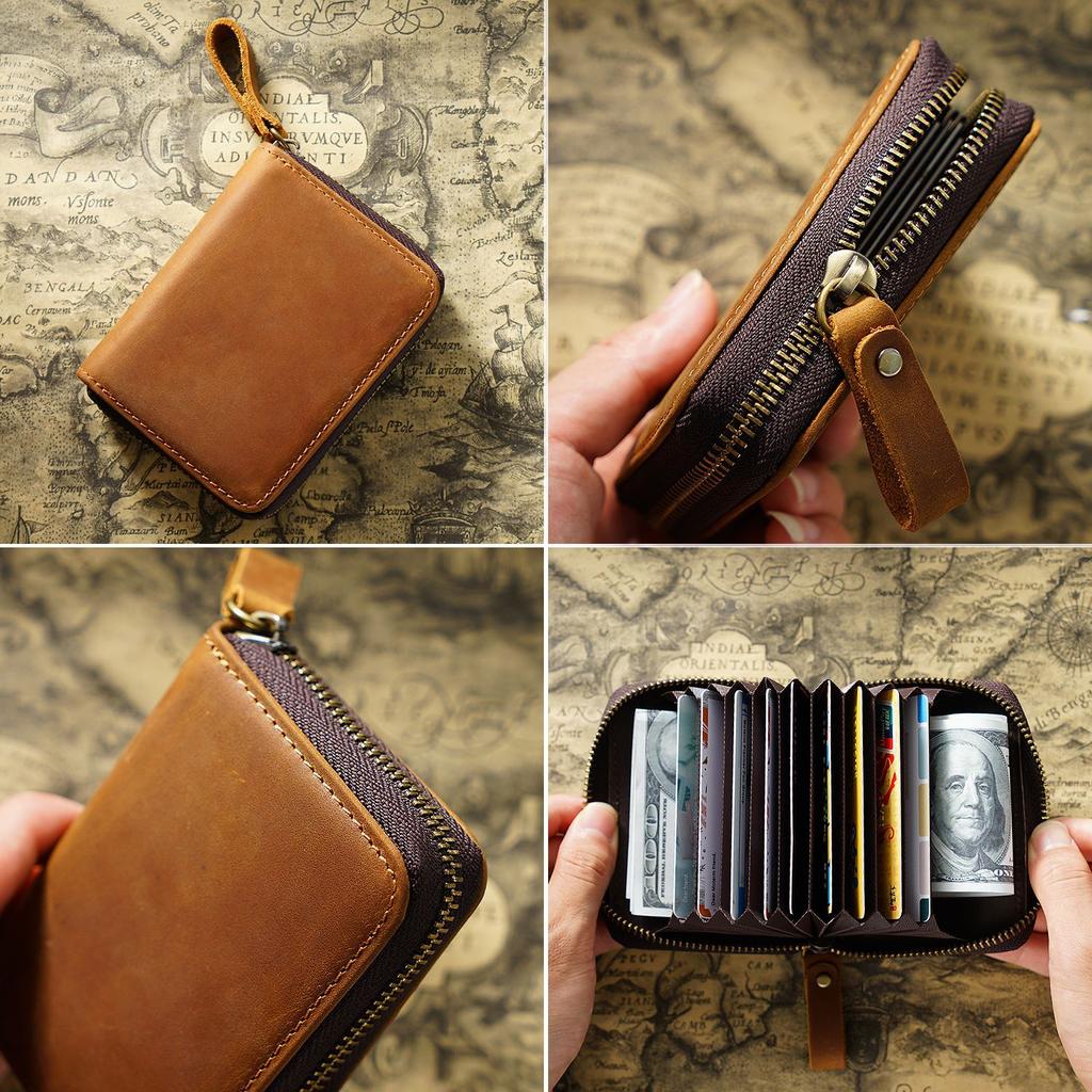 Genuine Leather Cowhide Card Holder Wallet RFID ID Card Holder Zipper Short Purse Organ Card Case Bag