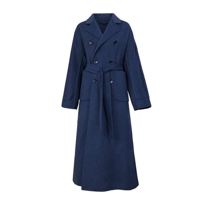 Winter Trenchcoat voor Dames Elegante Mode Koreaanse Casual Woljas Donkerblauw Vetersluiting Lange Jas Zwarte Damesjas met Riem