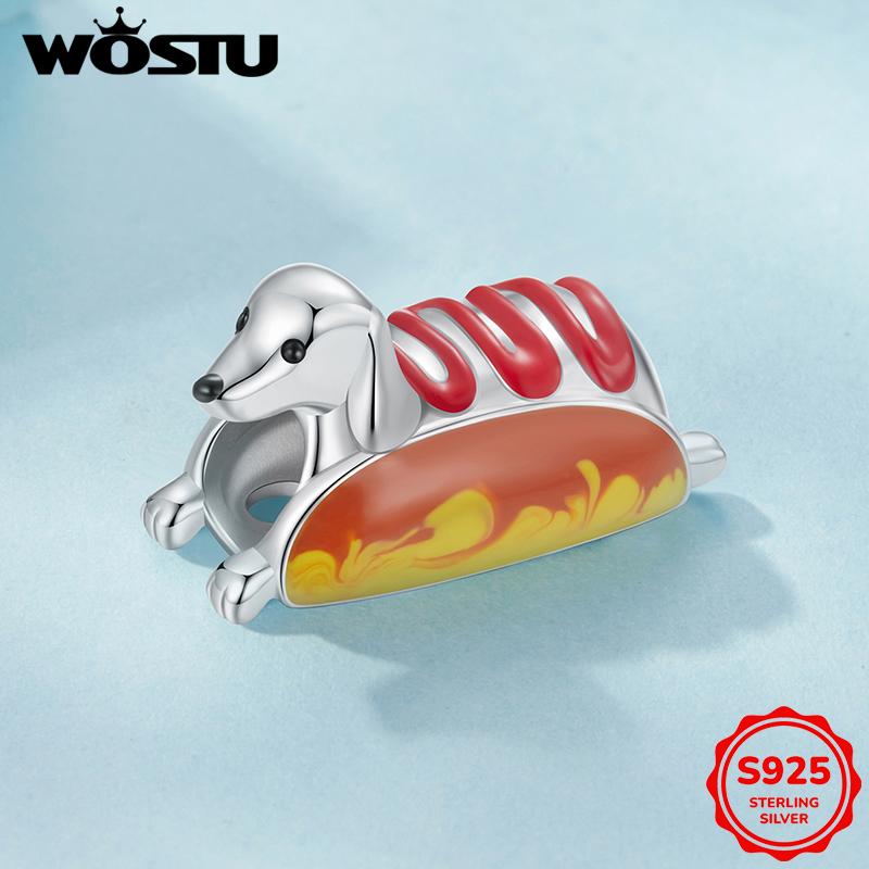 WOSTU 925 Silver Creative Hot Dog Dachshund Charm Tow tone Pet Claw print Beads Heart Handcuff Pendant Fit DIY Bracelet Necklace