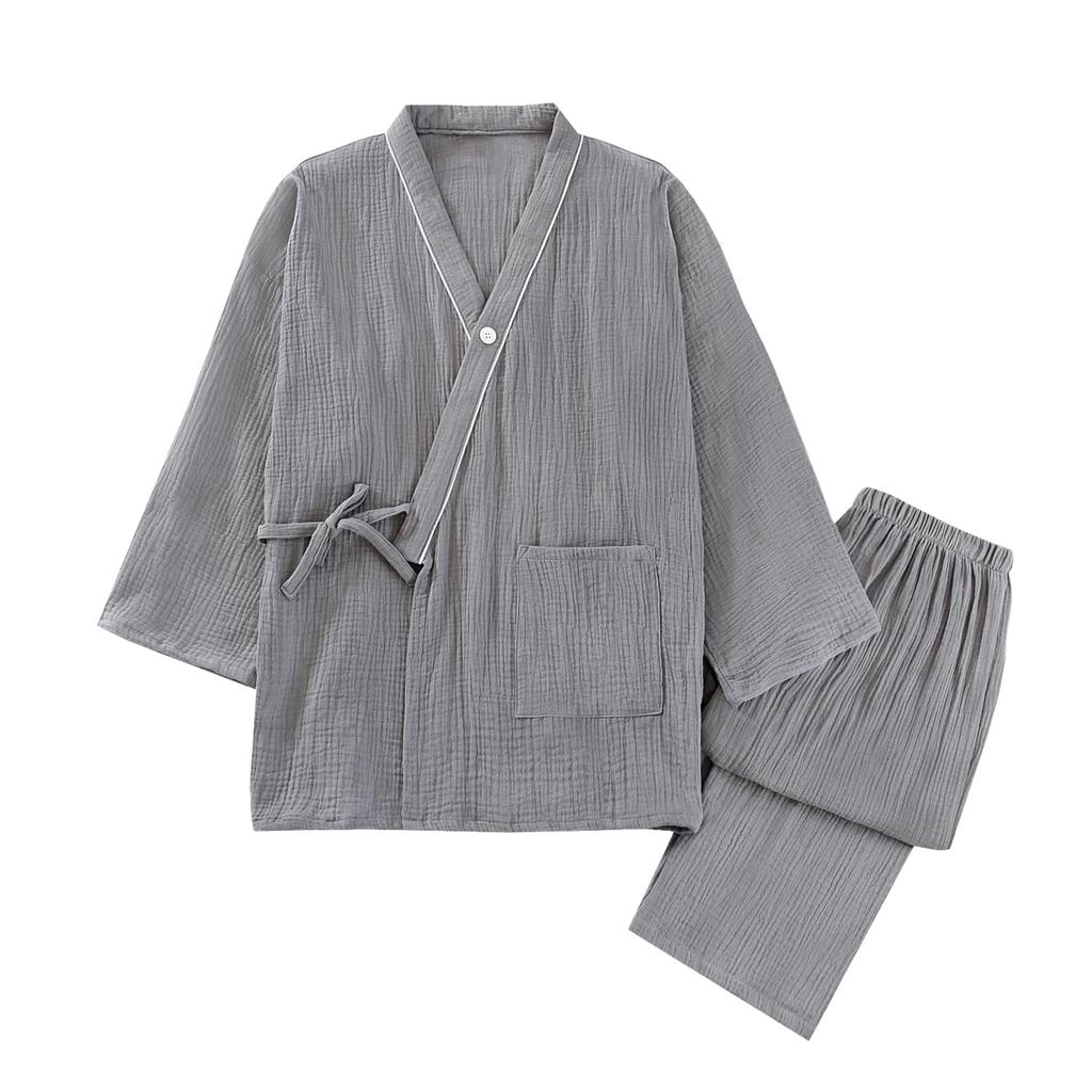 long double layer top and bottom Japanese gentle on the sweat quick room hospital loungewear [GREATCALL] Men's pajamas, sleeves, gauze, 100% cotton,