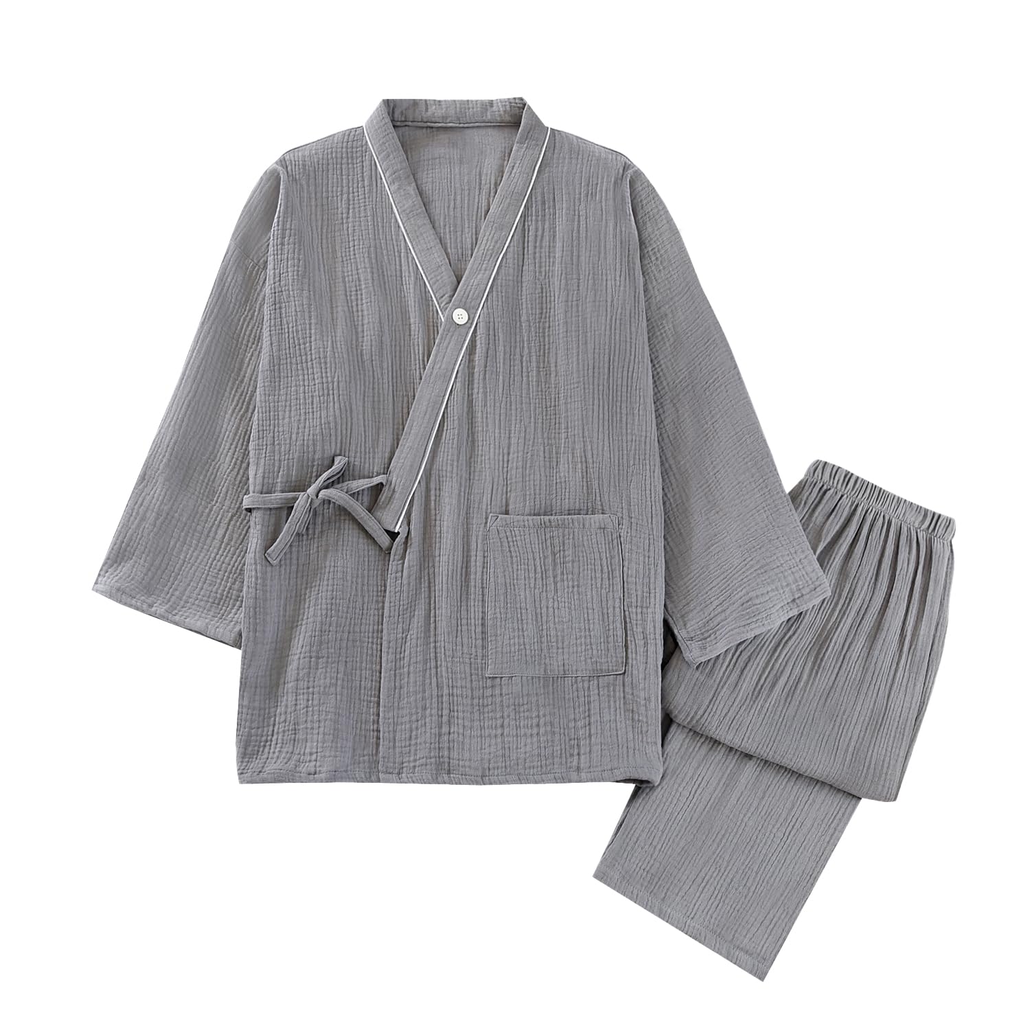 

длинный двухслойный верх и низ японский нежный к поту быстро сохнущий домашняя одежда для больницы [GREATCALL] Мужская пижама, рукава, марля, 100% хлопок, серый