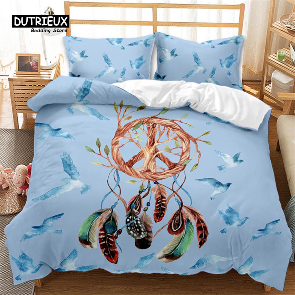 Traumfänger Bettbezug Set 2/3-teilig King Boho Bettwäsche Set Mikrofaser Federmuster Böhmischer Bettdeckenbezug mit Kissenbezügen