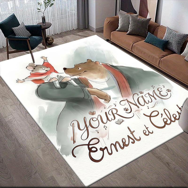 Custom Name,Ernest & Celestine Home Sofa Decoration for Living Room & Bedroom, Non‑Slip Play Flannel Floor Mat for Game Room