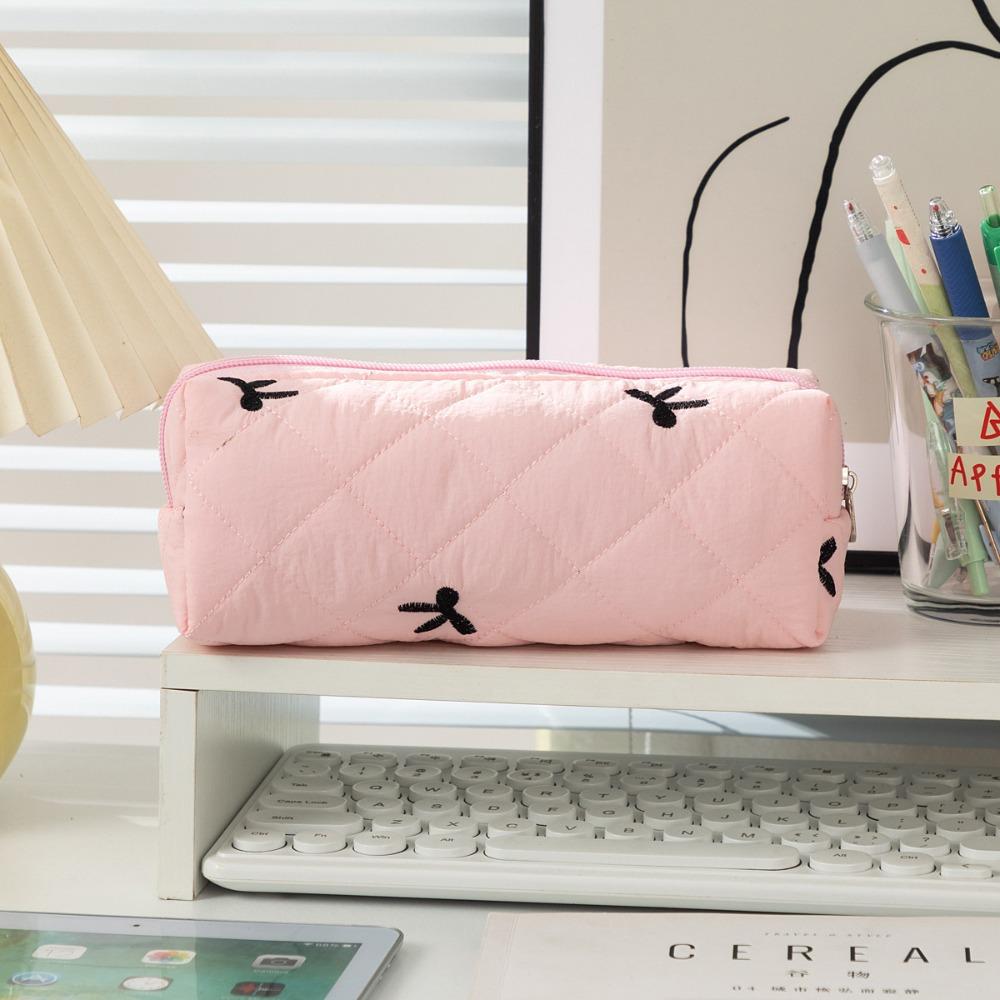 Gook Looking Bow Pen Bag Aesthetic Stationery Storage Bag Puffy Quilted Pen Bag School Supplies