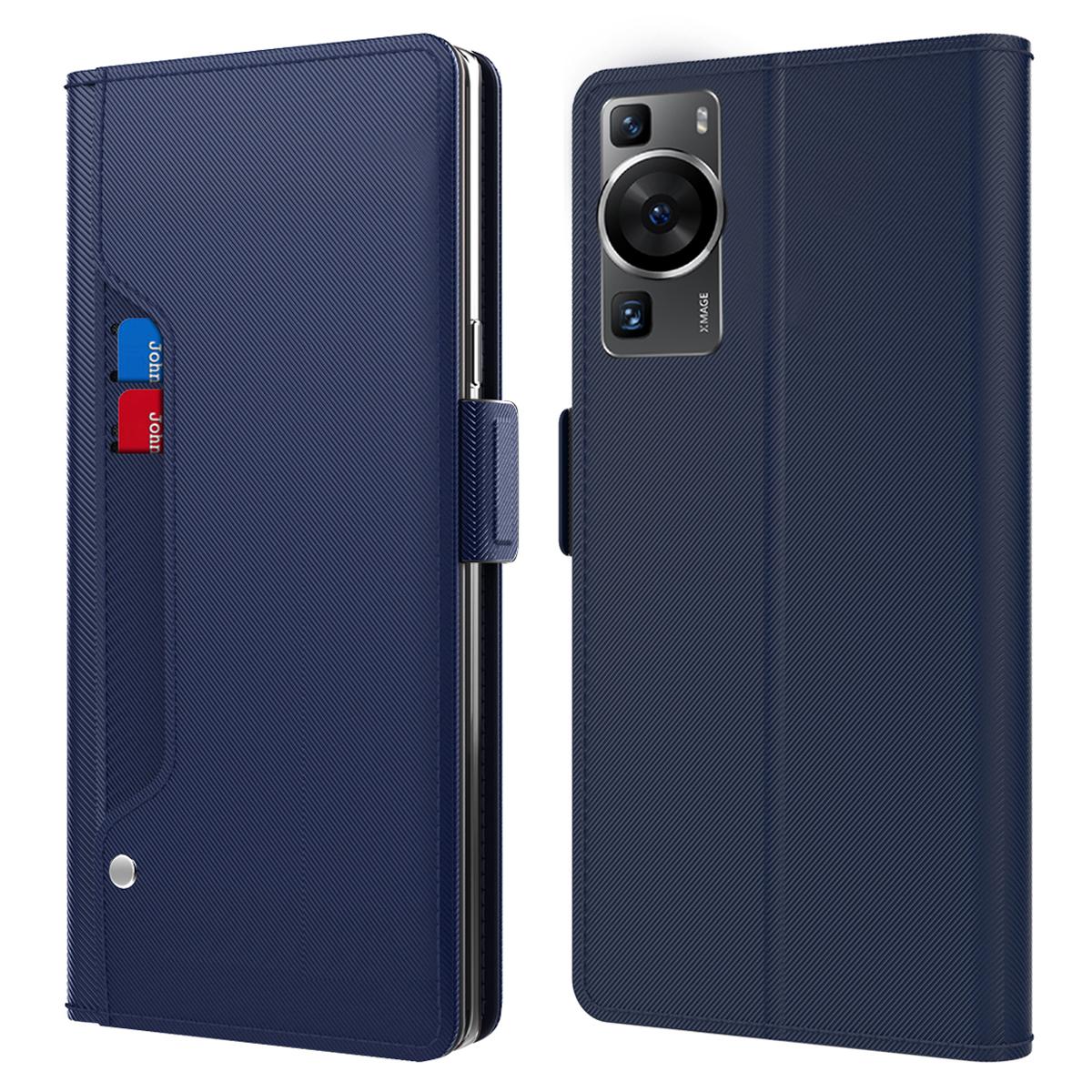 

For Huawei P60 Phone Case with Mirror Card Holder PU Leather Stand Phone Cover Blue