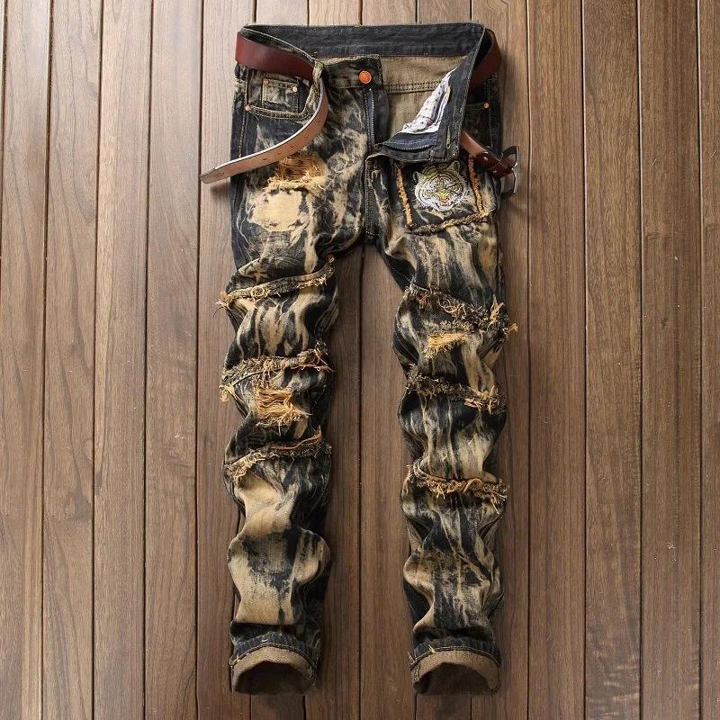 Jeansi Drepți Vintage Bărbați Găuri Moto Biker Pantaloni Denim Modă Tie-Dye Jean Pantaloni Fără Curea