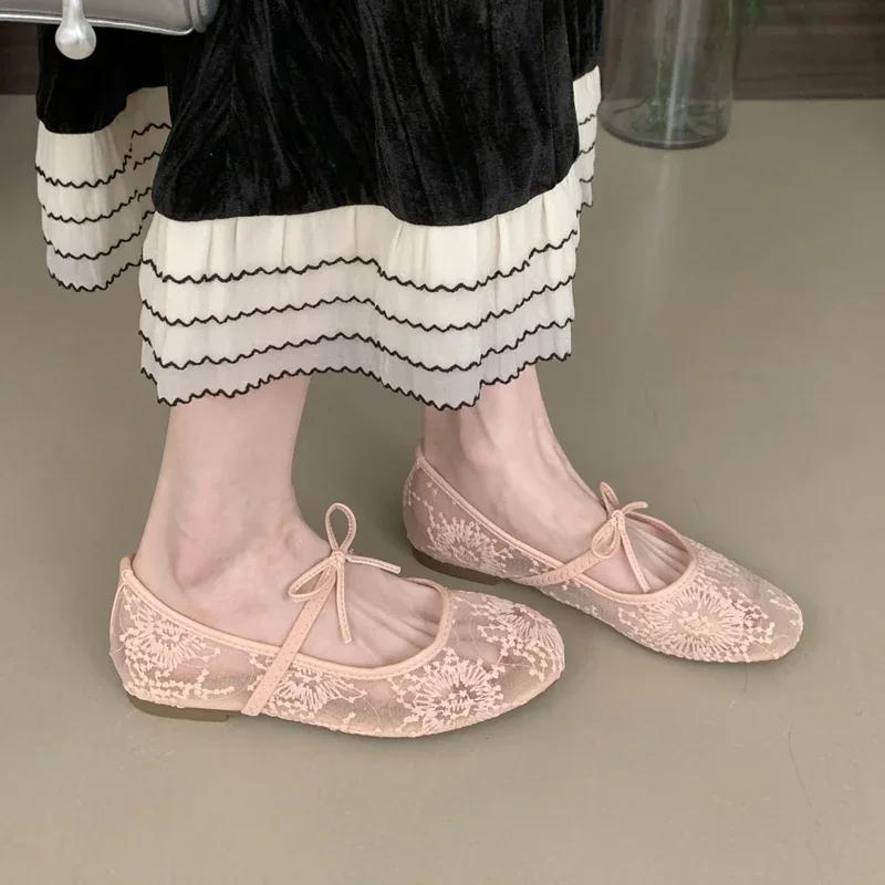 Fashion Mesh Ballet Flat Shoes Women Embroidery Soft Sole Bowknot Fashion Footwear Female Hollow Comfort Designer Brand Mary Jane Shoes