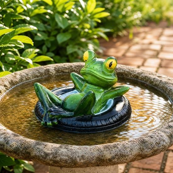 Resin Floating Frog Figurine with Tire Swim Ring Lazy Frog Statue Weather-Resistant Pond