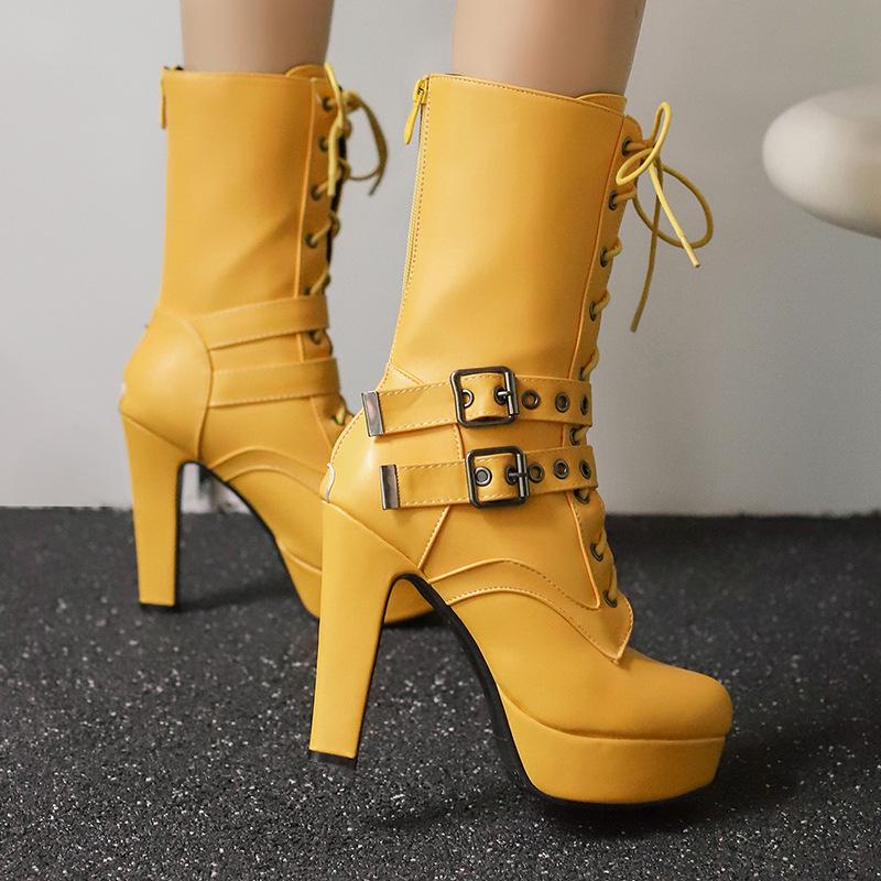 Women's Punk Style Lace-Up Mid-Calf Boot Belt Buckle Platform High Heel Short Boot Women White Round Toe 12cm Square Heel Shoes
