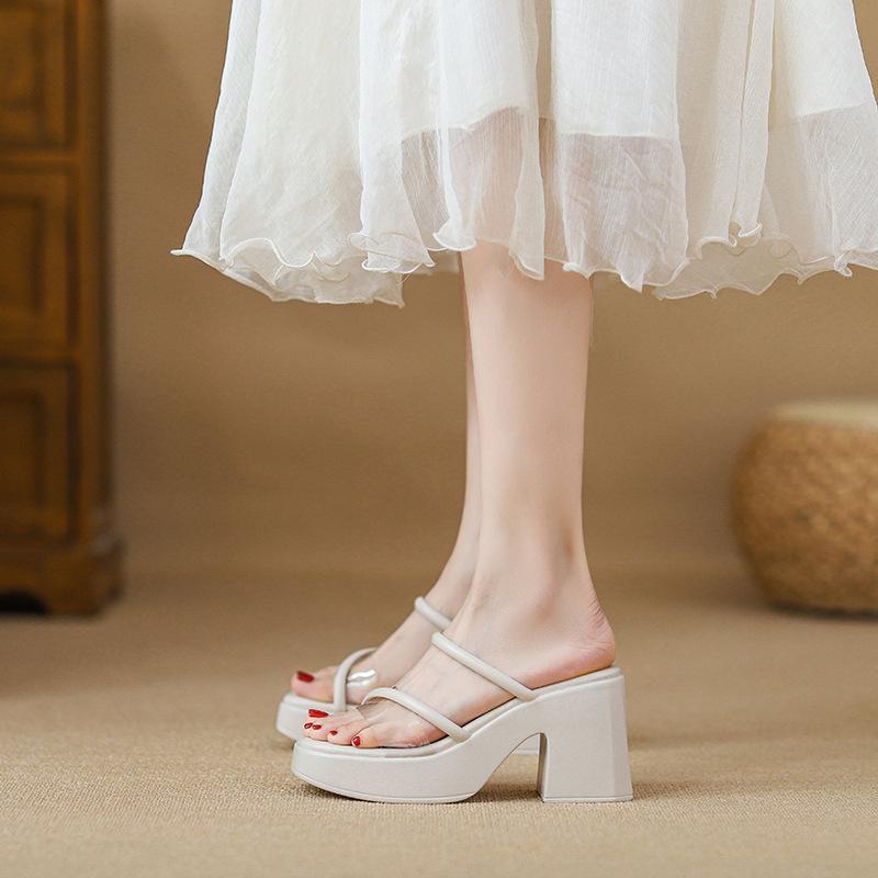 One word with transparent high-heeled women's sandals sexy outer slippers thick-soled high-heeled thick-heeled fashion sandals