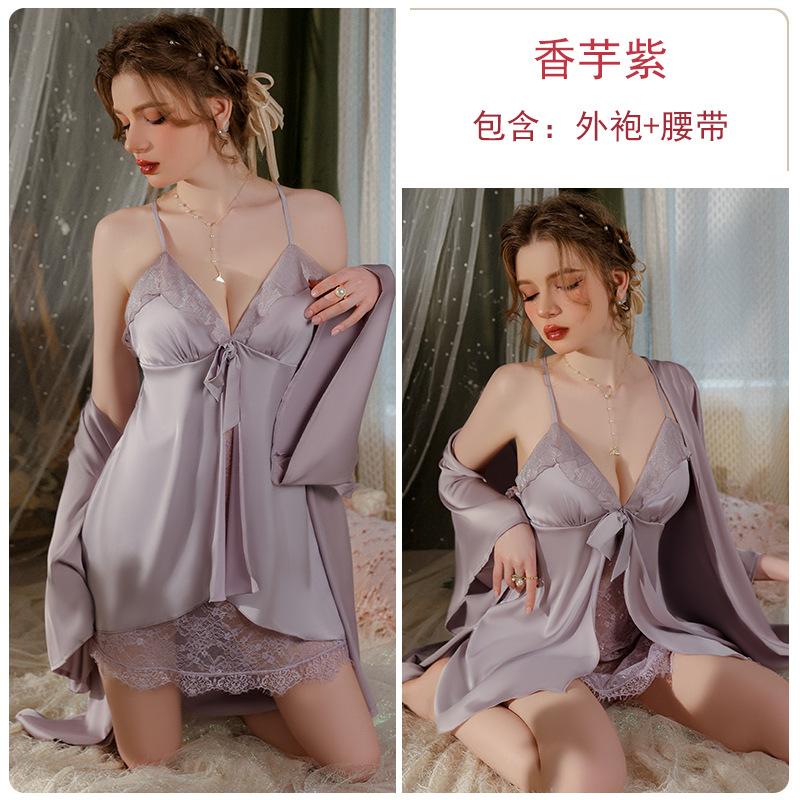 Women's Satin Lace Deep V Padded Cross Backless Sleep Dress with Robe Lounge Set